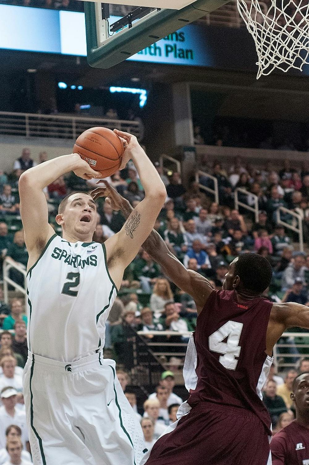 	<p>Sophomore guard Alex Gauna goes to shoot the ball during the game against Texas Southern on Nov. 18, 2012, at Breslin Center. The Spartans beat the Tigers 69-41. Natalie Kolb/The State News</p>