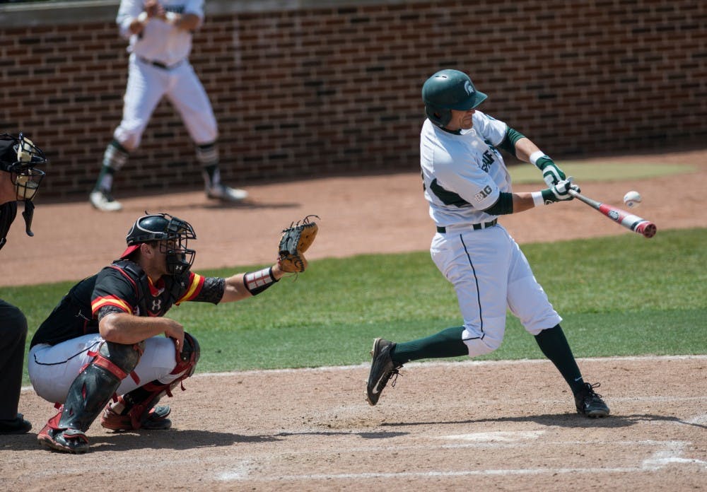 Junior outfielder Grace Taylor (27) hits the ball during the game against Maryland on May 21, 2016 at McLane Baseball Stadium at Kobs Field. The Spartans were defeated by the Terrapins, 6-4.