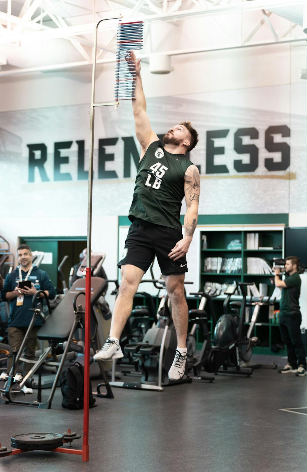 <p>Michigan State graduate student Noah Harvey getting 34.5 inches for his vertical jump, on Mar. 16, 2022 at the Duffy Daugherty Indoor Football Building.</p>