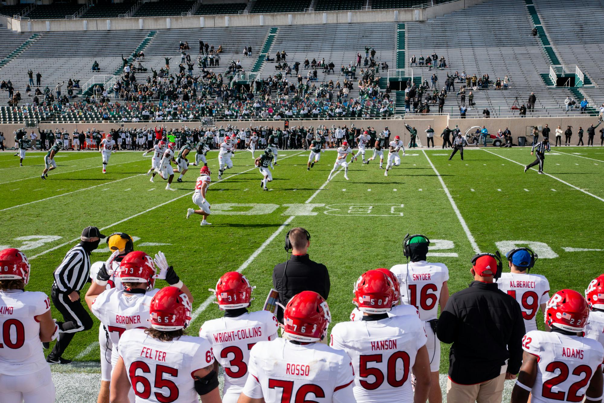 <p>MSU catches an interception in the first half of a game against Rutgers at Spartan Stadium on Oct. 24, 2020.</p>