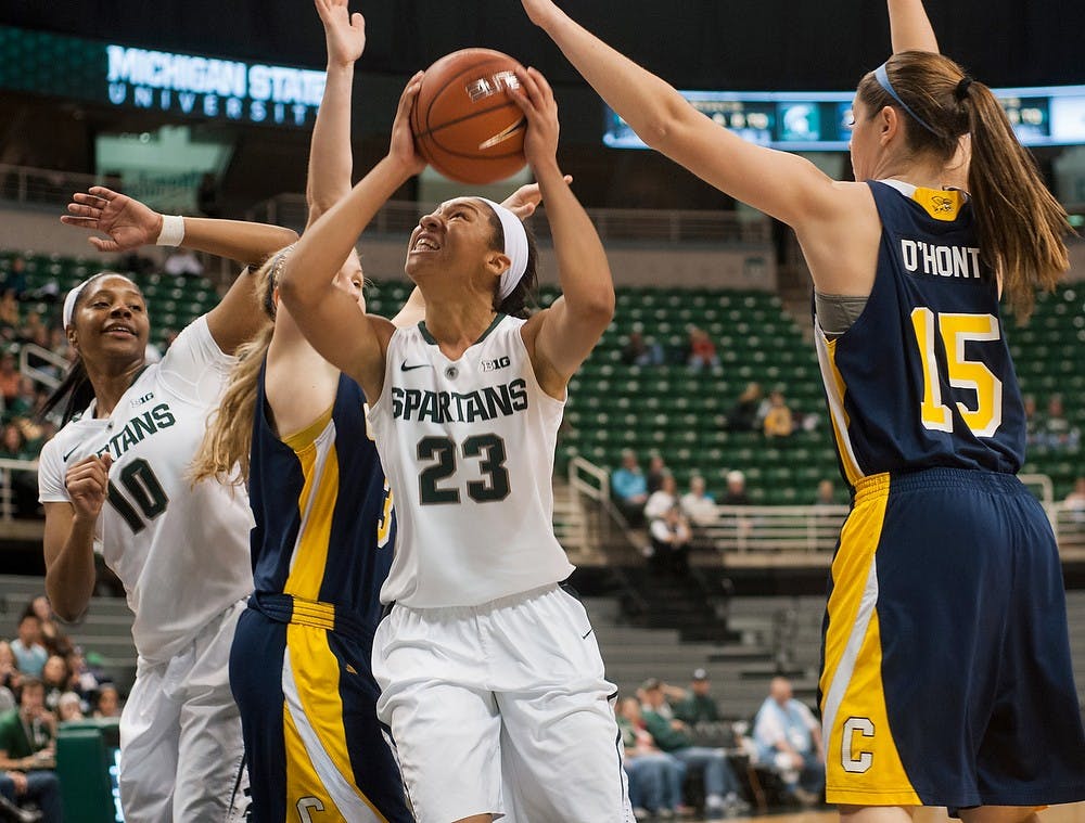	<p>Freshman guard Aerial Powers goes for a shot during the game against the Canisius Golden Griffins on Nov. 14, 2013, at Breslin Center. <span class="caps">MSU</span> defeated Canisius, 102-54. Brian Palmer/The State News</p>