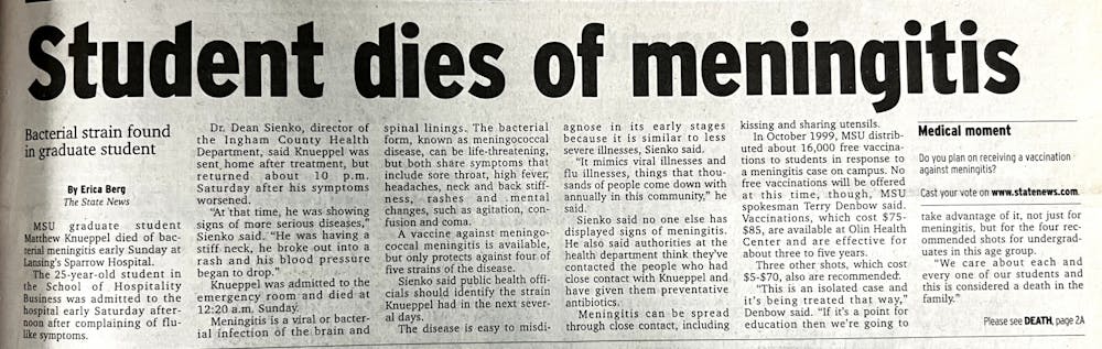 A State News story from January 2002 describing graduate student Matthew Knueppel's death.