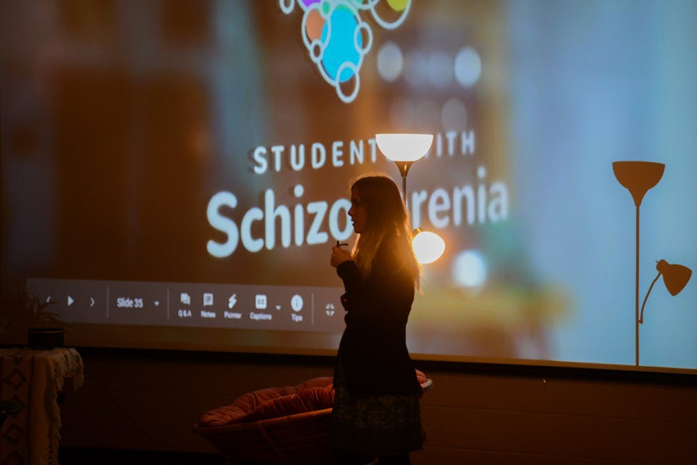 Founder of Students with Schizophrenia Cecilia McGough speaks to the audience during the Embrace the Rain event at the Erickson Hall Kiva on November 13, 2019. 