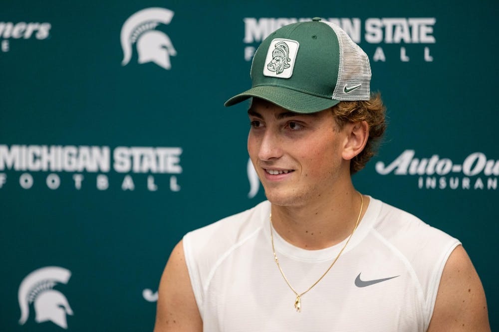 <p>Michigan State QB, Alessio Milivojevic, answers questions during a press conference in the Skandalaris Football building in East Lansing, Mich., on Aug. 6, 2026.</p>