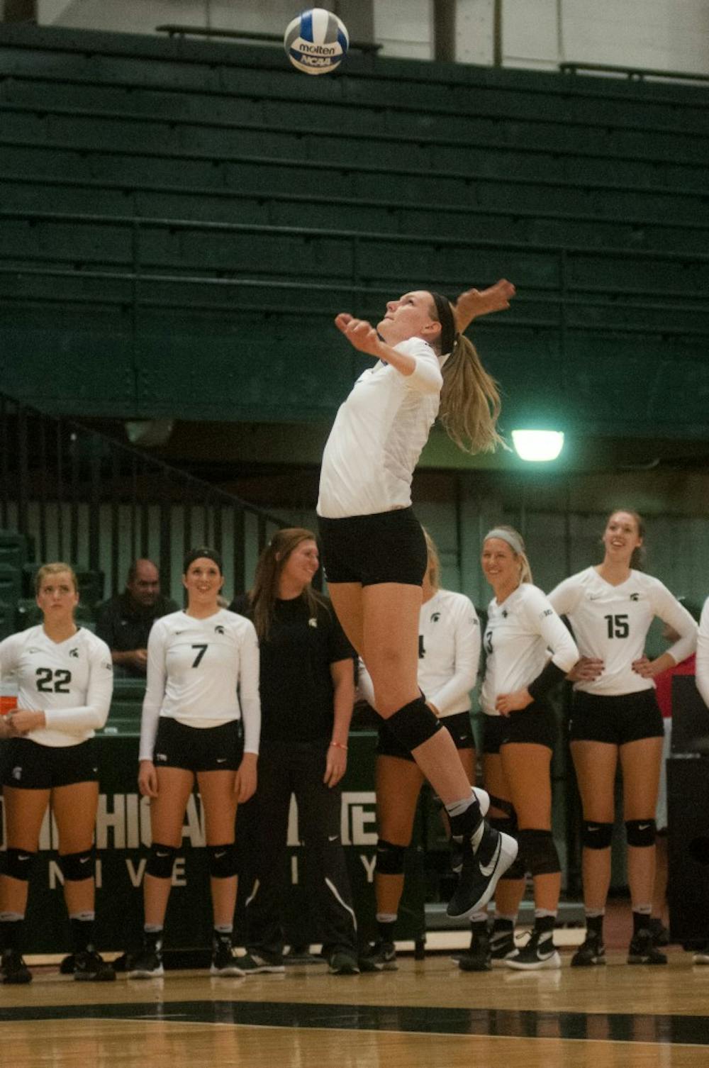 Junior outside hitter Brooke Kranda (13) serves the volleyball during the volleyball game against Notre Dame on Sept. 16, 2016 at the Jenison Field House. The Spartans defeated the Fighting Irish, 3-0. 