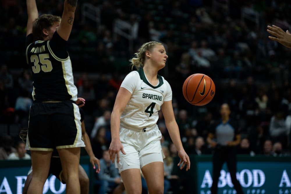 Freshman guard Theryn Hallock after getting a foul during the Purdue v. MSU game held at the Breslin Center on December 5, 2022. The Spartans lost to the Boilermakers 76-71