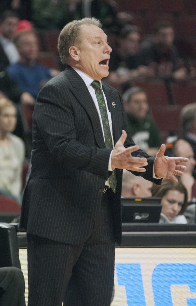<p>Coach Tom Izzo yells to his players not to foul Mar. 14, 2015, in the final seconds of the game against Maryland at the Big Ten Tournament at United Center in Chicago. The Spartans defeated the Terrapins, 62-58. Kelsey Feldpausch/The State News</p>