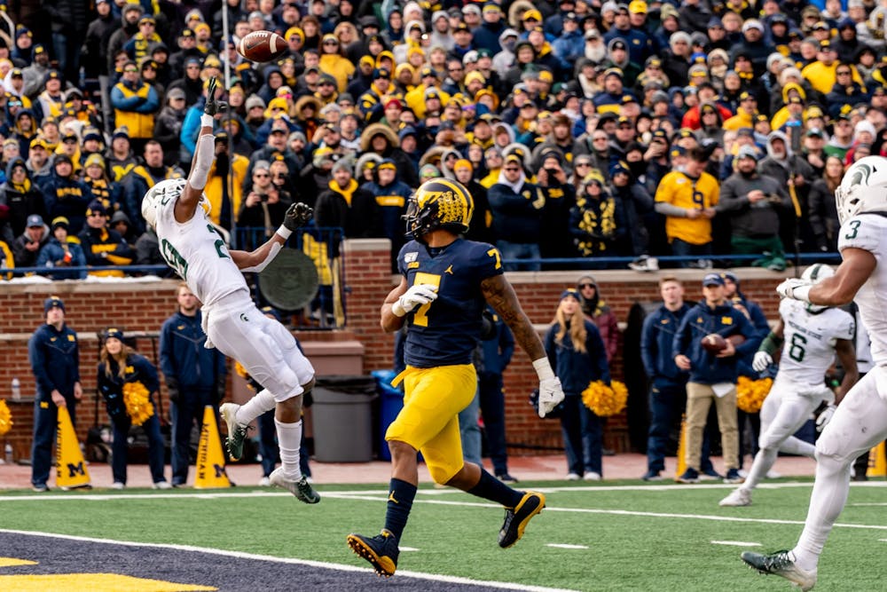 <p>Sophomore cornerback Shakur Brown (29) tips a pass against Michigan. The Spartans fell to the Wolverines, 44-10, at Michigan Stadium on Nov. 16, 2019. </p>