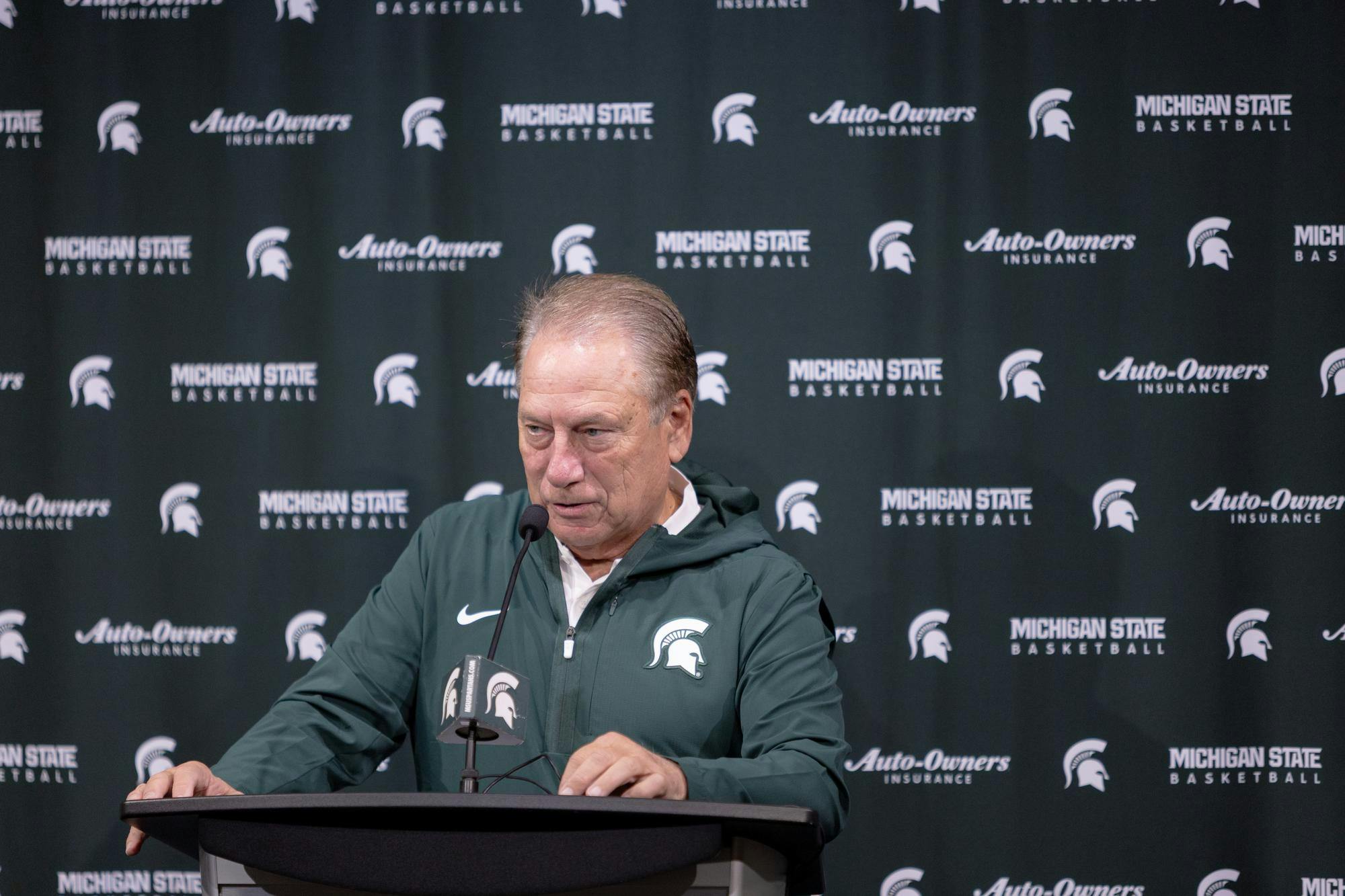 <p>Michigan State head men's basketball coach Tom Izzo speaks at the first day of practice press conference at Breslin Center in East Lansing, Mich., on Tuesday, Sept. 22, 2026.</p>