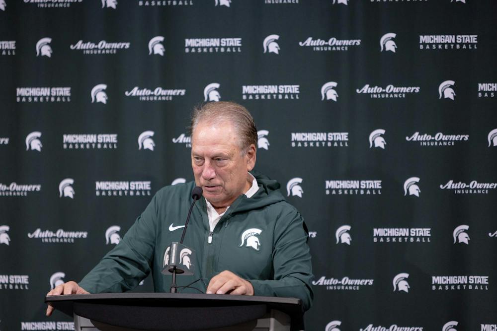 <p>Michigan State head men's basketball coach Tom Izzo speaks at the first day of practice press conference at Breslin Center in East Lansing, Mich., on Tuesday, Sept. 22, 2026.</p>