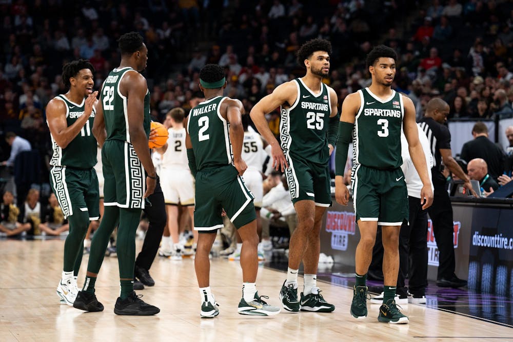 <p>Michigan State players approach their bench during the Big Ten Tournament Quarterfinals against Purdue in Minneapolis on March 15, 2024. The Spartans ultimately fell to the Boilermakers 67-62.</p>
