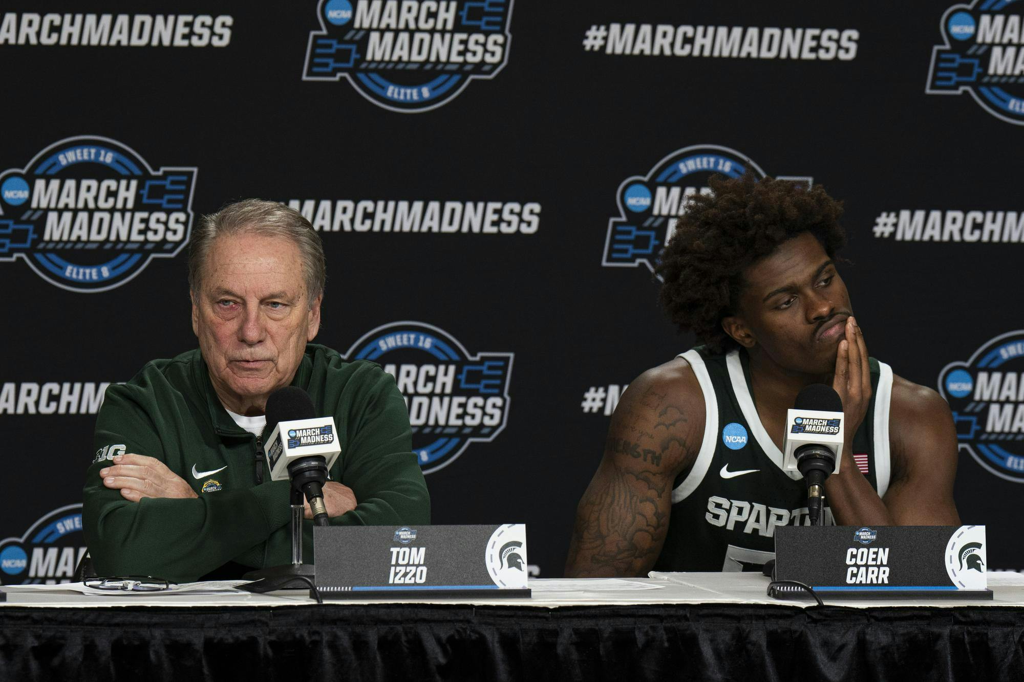 <p>Michigan State junior forward Coen Carr (55) and Head Coach Tom Izzo speak to the press after losing to UConn, 67-63 in Capital One Arena press room at the Sweet Sixteen matchup in Washington, D.C., on Friday, March 27, 2026.</p>