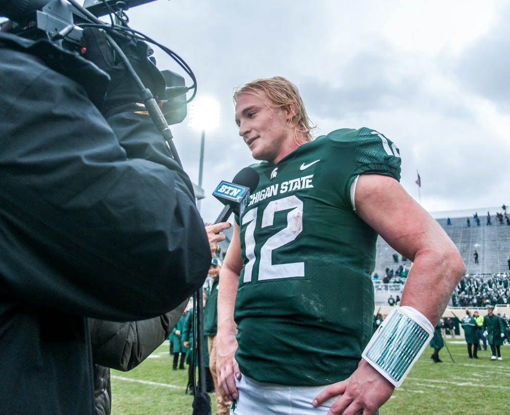 Redshirt freshman quarterback Rocky Lombardi talks to the media after the game against Purdue on Oct. 27, 2018 at Spartan Stadium. The Spartans defeated the Boilermakers 23-13.