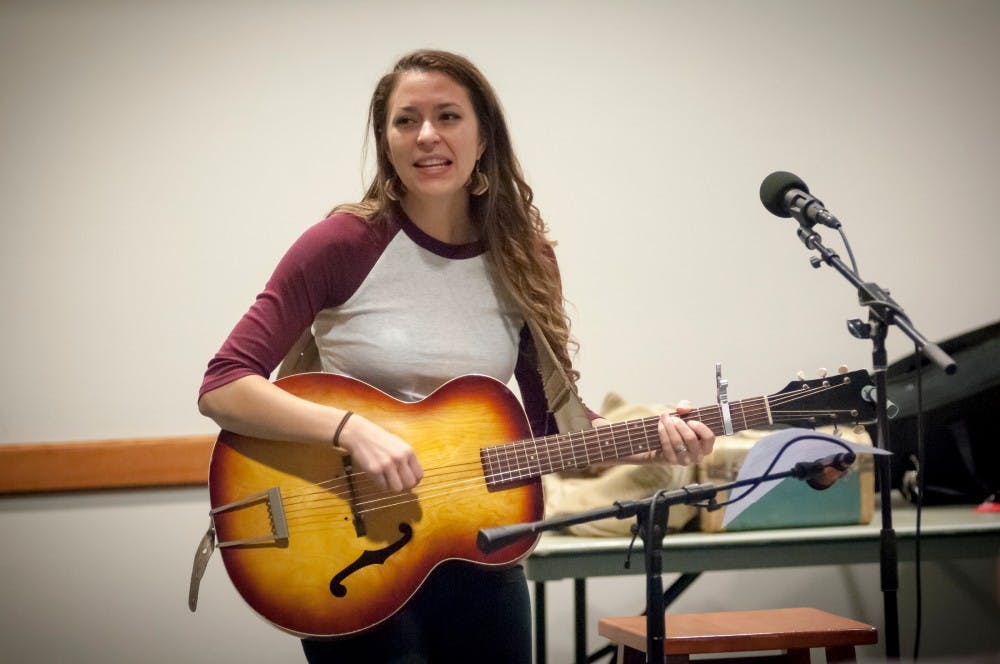 Musician Lindsay Lou sings bluegrass and gospel harmonies on Jan. 13, 2017 at the Hannah Community Center. Music enthusiasts gathered to sing, dance and play music. Lindsay is a member of a popular folk band called Lindsay Lou and The Flatbellys.