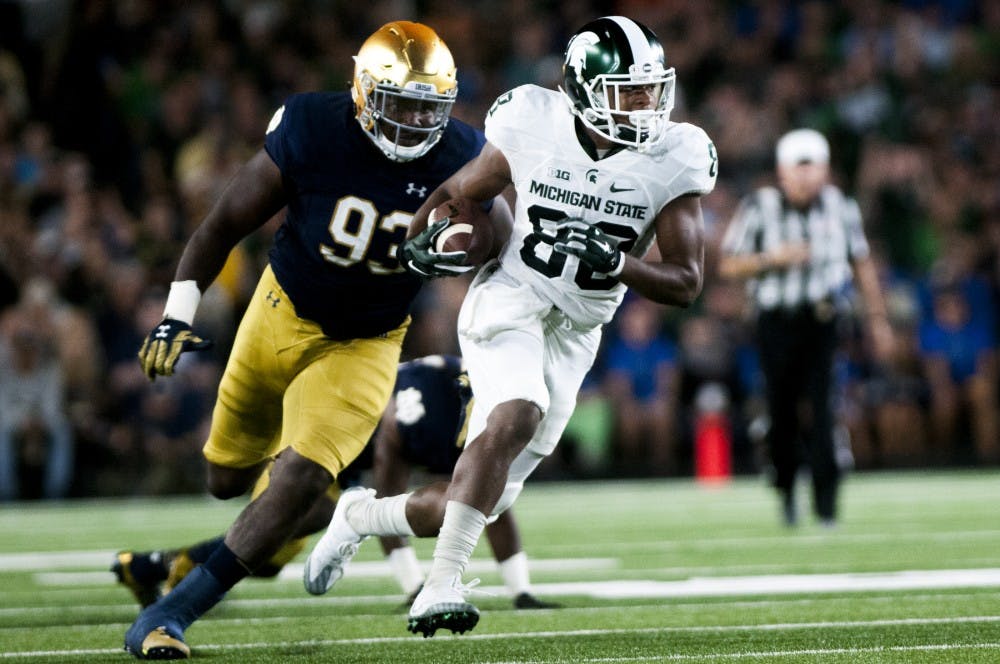 Senior wide receiver Monty Madaris (88) runs down the field during the game against Notre Dame on Sept. 17, 2016 at Notre Dame Stadium in South Bend, Ind.  The Spartans defeated the Fighting Irish, 36-28. 