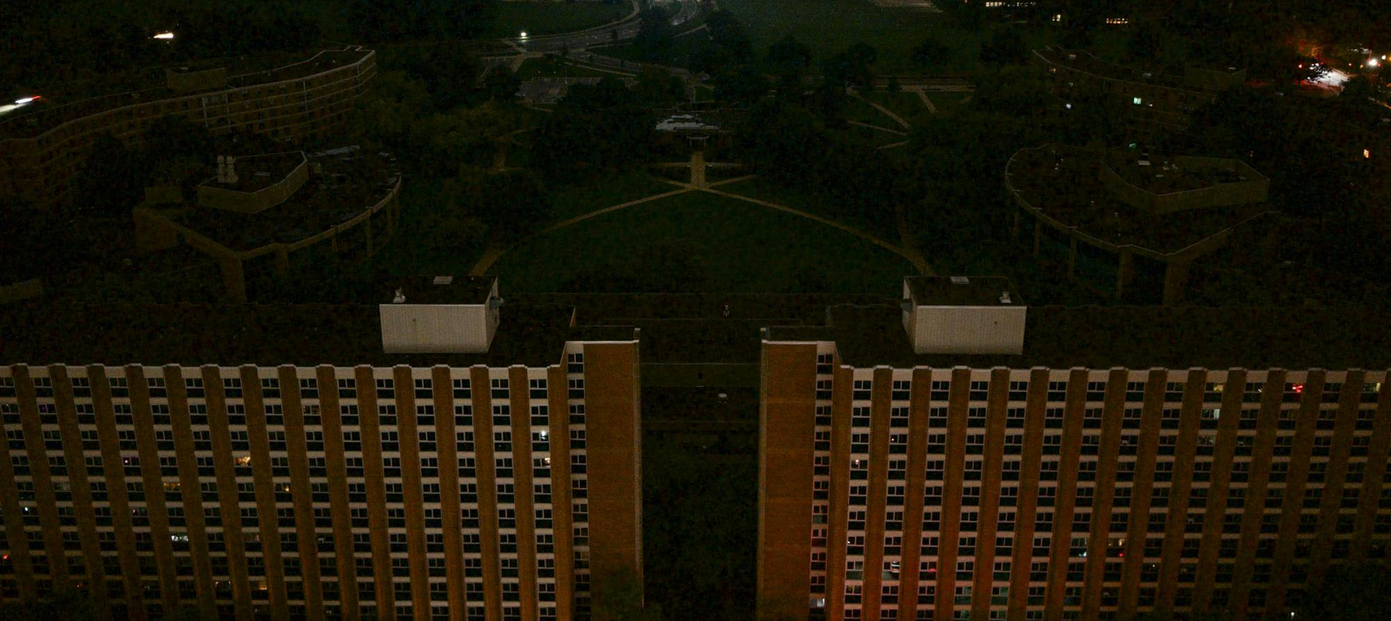 <p>Campuswide power outage aerial shot of Hubbard Hall in East Lansing, Mich., on Sunday, Sept. 20, 2026</p>
