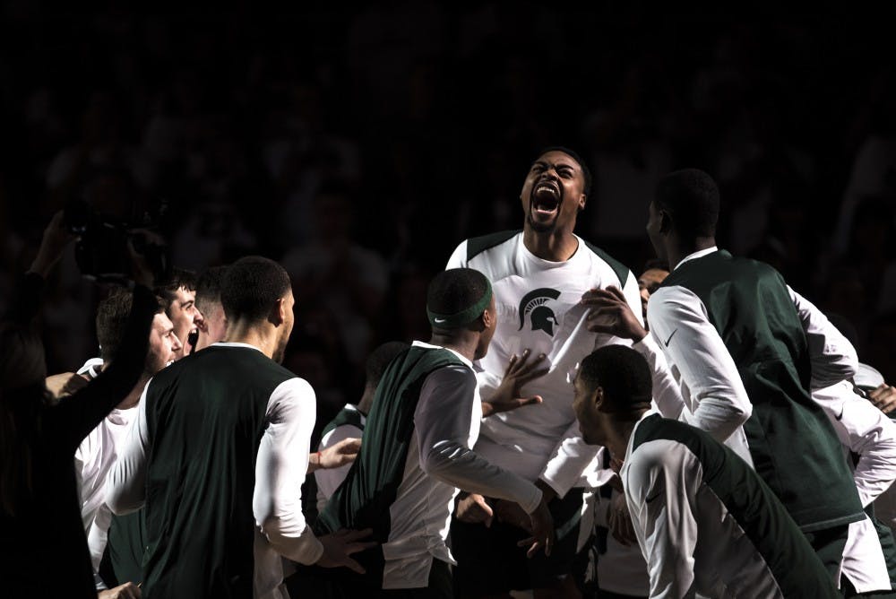 Sophomore forward Nick Ward (44) is introduced on the court before the game against Hillsdale on Nov. 3, 2017 at the Breslin Center. 