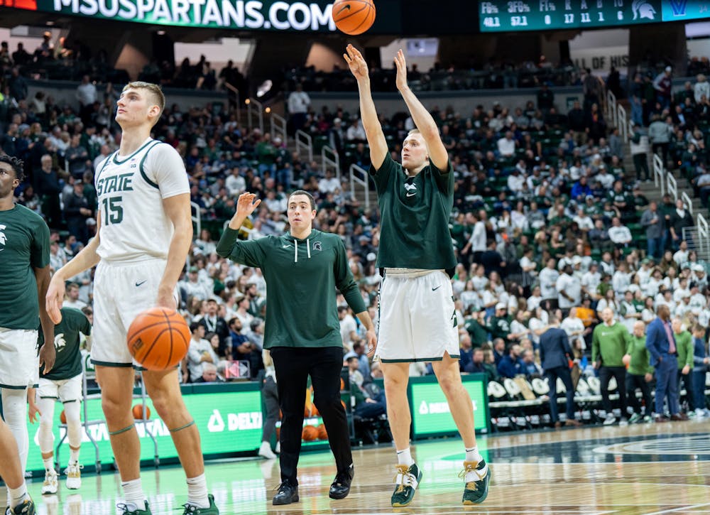 <p>Graduate student forward Joey Hauser (10) warms up before the second half during a game against Villanova at the Breslin Center on Nov. 18, 2022. The Spartans defeated the Wildcats 73-71. </p>