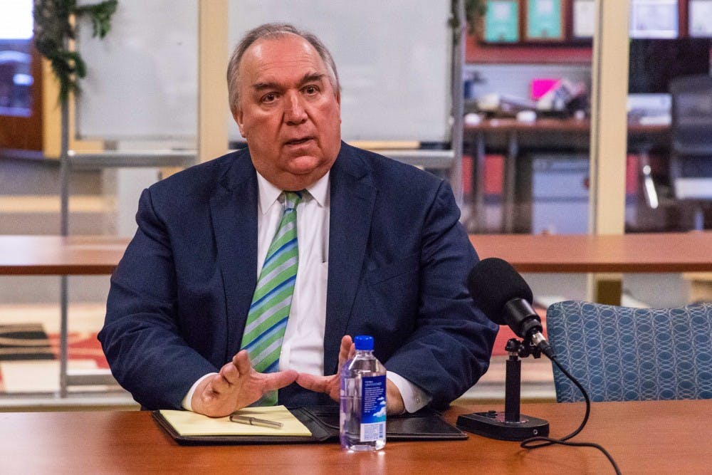 <p>Interim president John Engler sits down with The State News on Nov. 28, 2018.&nbsp;</p>