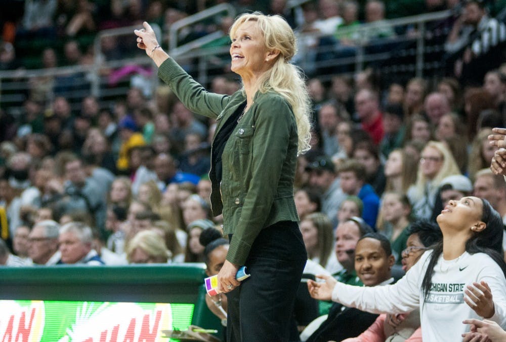 Head coach Suzy Merchant reacts to a play during the second half of the game against Iowa on Jan. 16, 2016 at Breslin Center. The Spartans defeated the Hawkeyes, 80-73. 
