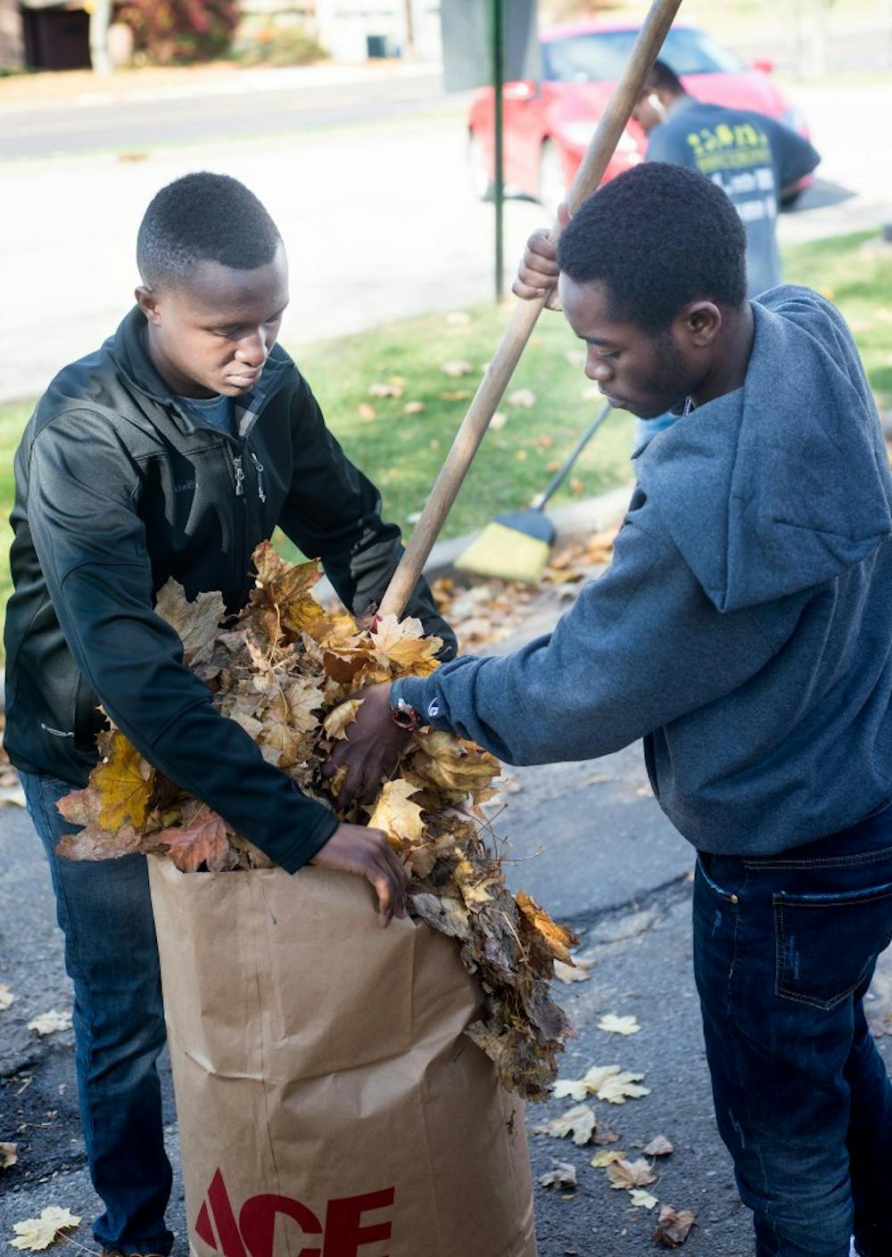 <p>Agribusiness management freshman Felix Ishimwe holds a bag open as electrical engineering freshman Samuel Phiri deposits raked leaves on Nov. 7, 2015, at Haven House on 121 Whitehills Drive in East Lansing. Many students volunteered during Spartan Day of Service, a specific day dedicated to bettering various locations within the Lansing and East Lansing communities. </p>
