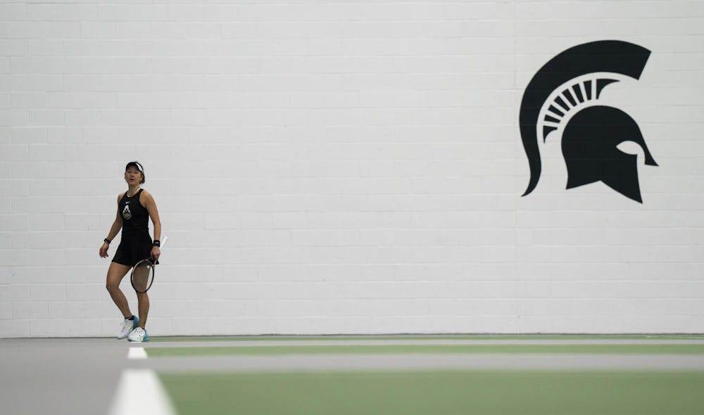 Purdue 5th year tennis player Csilla Fodor takes the lead during singles at the MSU Tennis Facility on Mar. 30, 24.