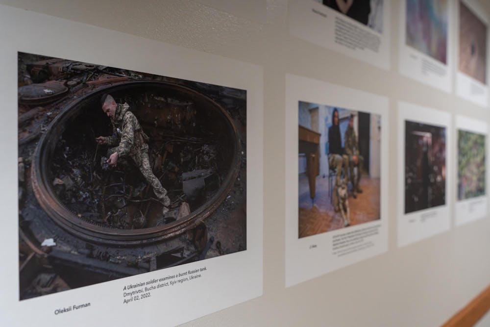 Photographs highlighting time during war were displayed at the Ukraine: War and Resistance photo exhibition in Snyder Hall on Feb. 24, 2026.