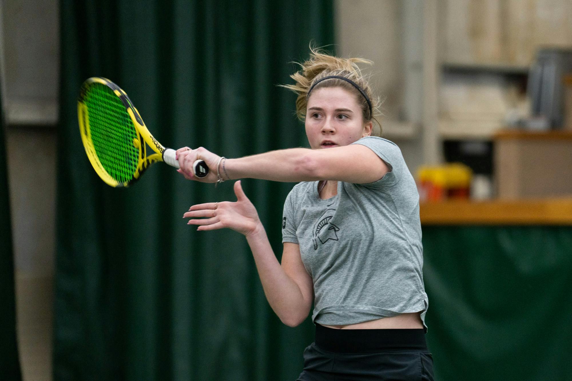 Freshman Sarah Fazlagic plays singles in a game against Miami University at the MSU Tennis Center on Feb. 5, 2023. The Spartans came away with the win with a score of 4-3. 