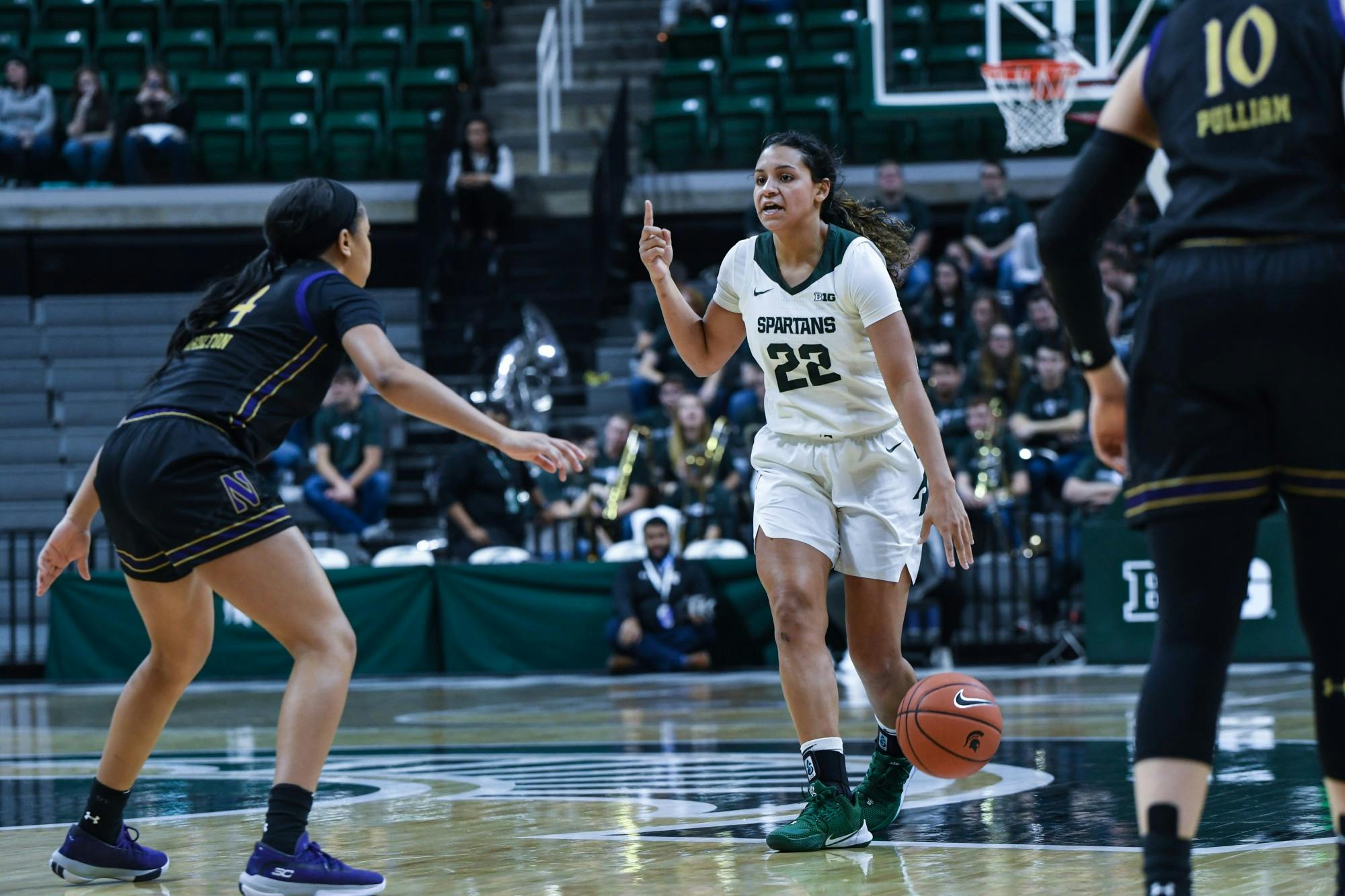 <p>Freshman guard Moira Joiner (22) calls a play during a women’s basketball game against Northwestern on Jan. 23 at the Breslin Center. The Spartans fell to the Wildcats 76-48.</p>