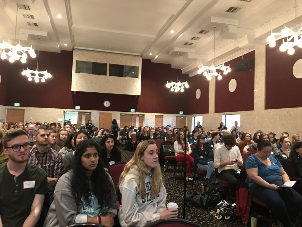 <p>Students gather at the Teach-In/Learn-In event at the MSU Union Ballroom on Feb. 27, 2018.</p>