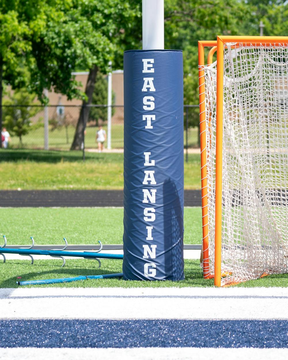 The field goal post on the football field at East Lansing High School on May 24, 2024.