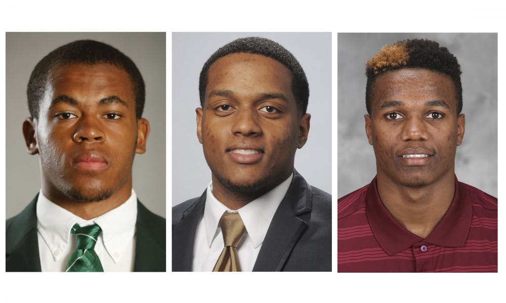 From left to right, MSU junior wide receiver Monty Madaris, Akron junior wide receiver Michael Means Jr., and Minnesota redshirt freshman Isaiah Gentry