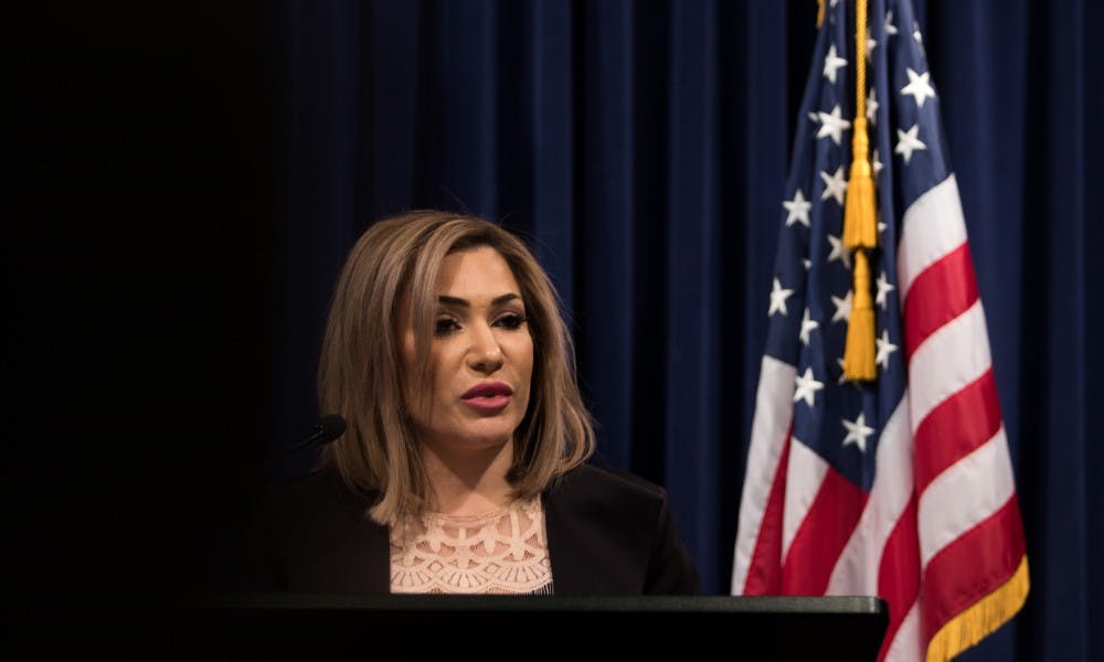 Michigan Solicitor General Fadwa Hammoud speaks during a press conference at the G. Mennen Williams Building in Lansing on Feb. 21, 2019.