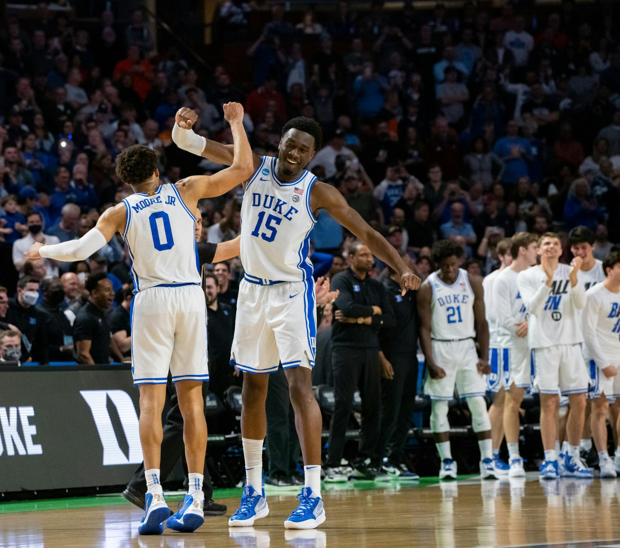 <p>Duke&#x27;s junior forward Wendell Moore Jr. (0) and sophomore center Mark Williams (15) celebrate in the last minute of the game during Duke&#x27;s victory over Michigan State on March 20, 2022.</p>