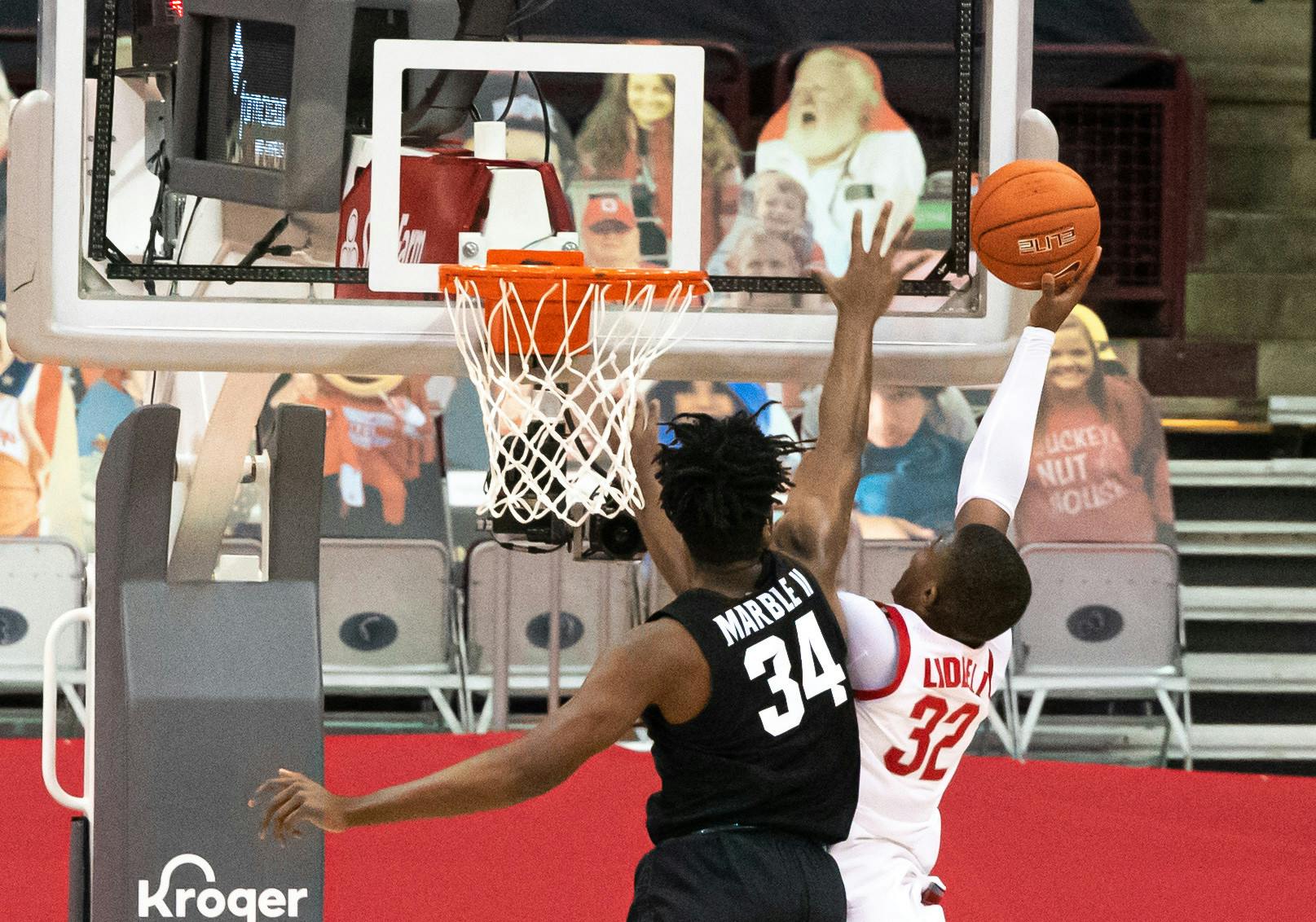 <p>Sophomore forward Julius Marble II (34) blocks a shot attempt made by Ohio State&#x27;s E.J. Liddell (32) in the second half. The Buckeyes swept the Spartans, 79-62, at OSU&#x27;s Schottenstein Center on Jan. 31, 2021. </p>