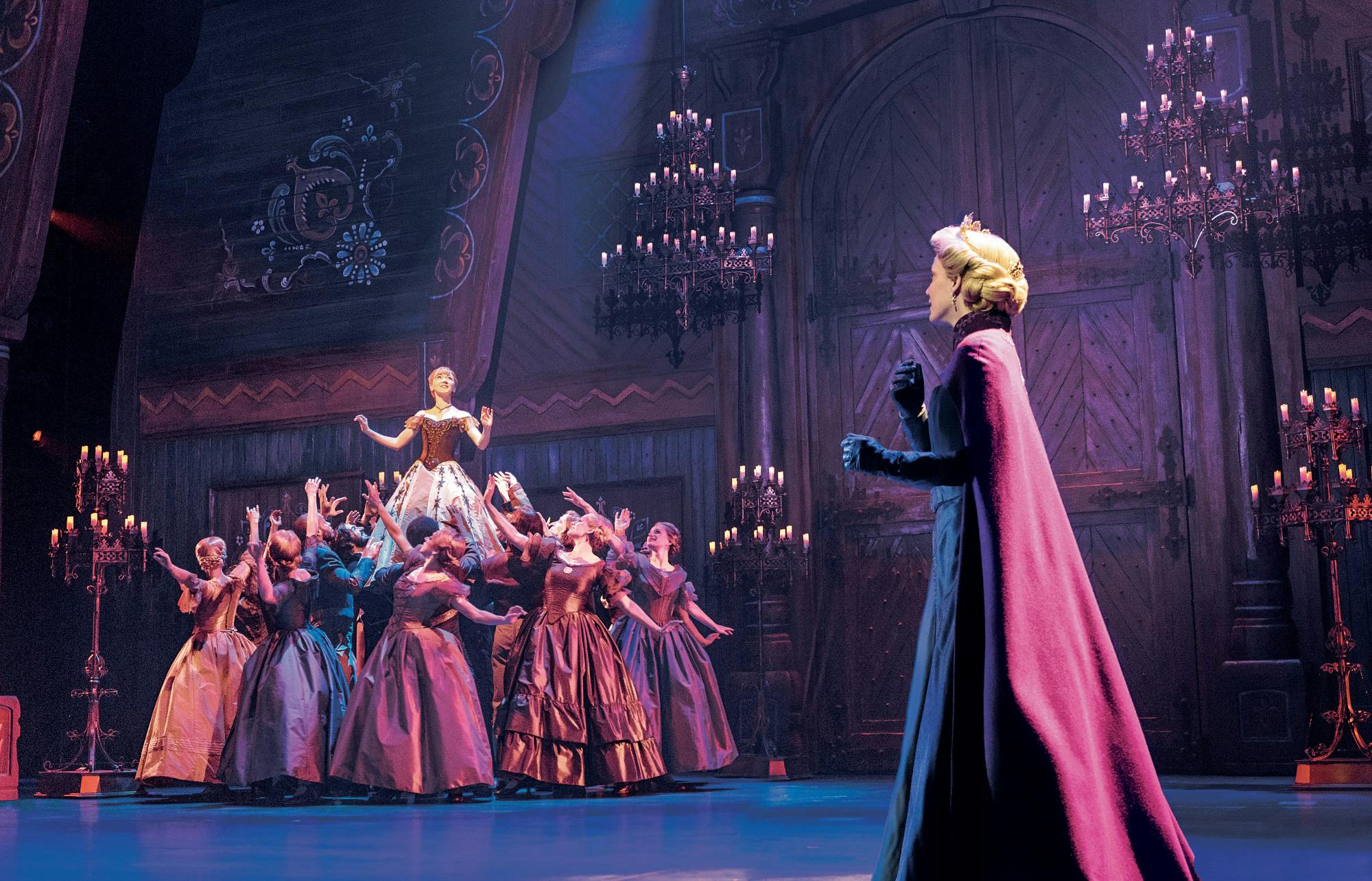 Caroline Innerbichler as Anna, Caroline Bowman as Elsa, and the Company of Frozen North American Tour. Photo Courtesy of the Wharton Center.