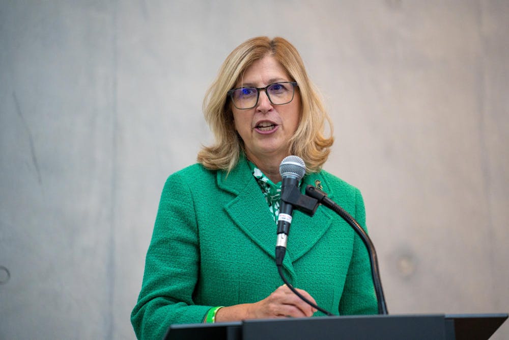 Interim President, Teresa Woodruff speaks at the Fall welcome party at the MSU Broad Art Museum on Sept. 8, 2023. 