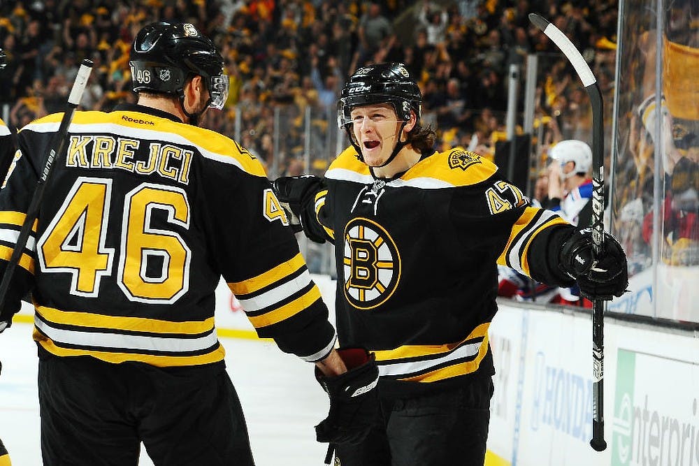 	<p>Boston Bruins defenseman and former Spartan Torey Krug opens his arms to celebrate with Bruins center David Krejci in a game vs. the New York Rangers. The Bruins won the Rangers series 4-1. Courtesy photo by Boston Bruins </p>
