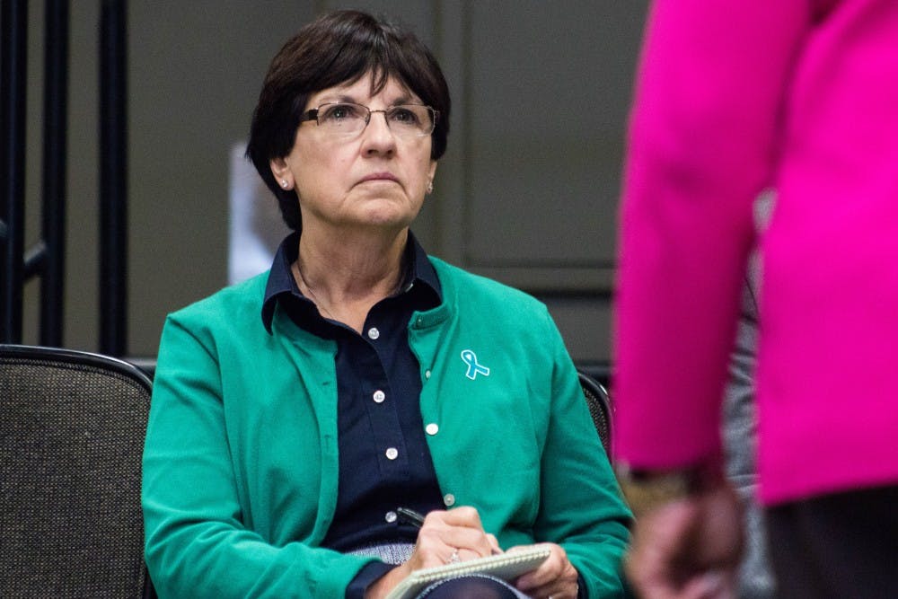 <p>MSU Board of Trustees member Dianne Byrum listens to community input about the MSU presidential search at the Kellogg Conference Center on Oct. 11, 2018.</p>