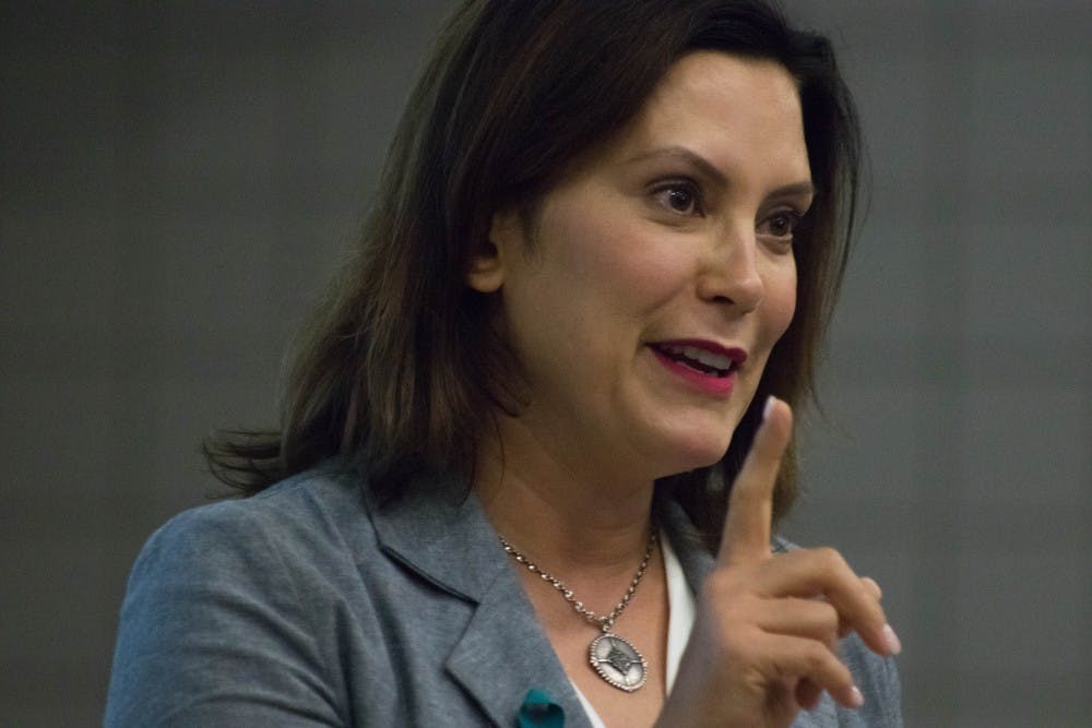 <p>Gov. Gretchen Whitmer addresses the MSU College Democrats on Sept. 18, 2018, at Wells Hall. State News file photo.</p>