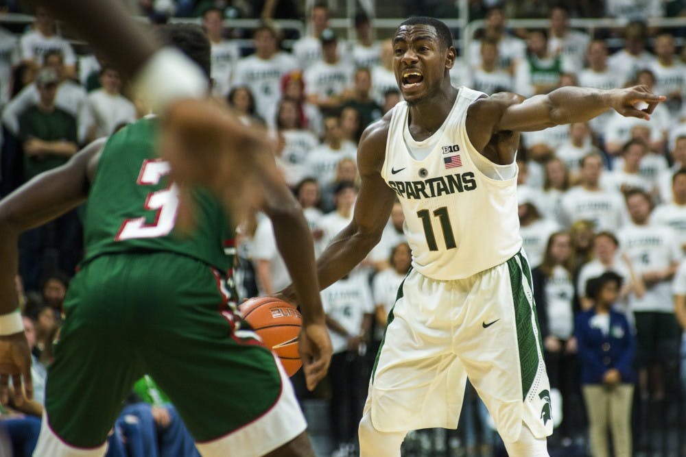 Junior guard Lourawls Nairn Jr. (11) signals to a teammate during the game against Mississippi Valley State on Nov. 18, 2016 at Breslin Center. The Spartans defeated the Delta Devils, 100-53.