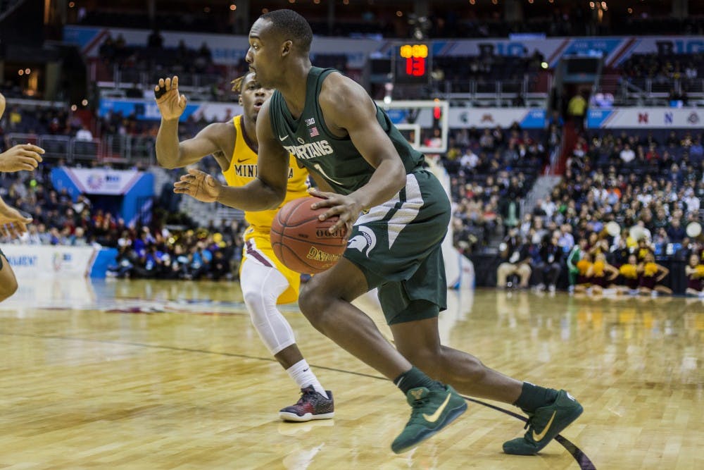 Freshman guard Joshua Langford (1) takes the ball up the court during the second half of the game against Minnesota in the third round of the Big Ten Tournament on March 10, 2017 at Verizon Center in Washington D.C. The Spartans were defeated by the Golden Gophers, 63-58.