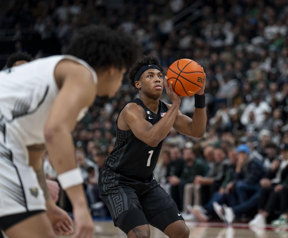 <p>Michigan State redshirt freshman guard Jeremy Fears Jr. (1) shoots a free throw at Little Caesars Arena in Detroit on Dec. 17, 2024. The Spartans defeated the Golden Grizzlies 77-58.</p>