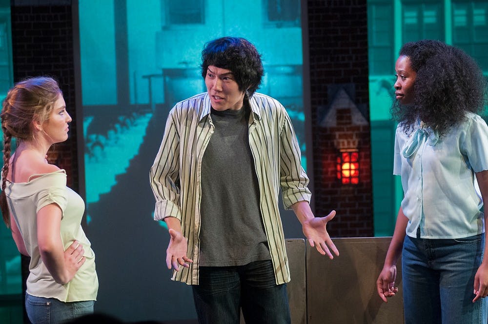 <p>Cast members (from left to right) Christi Thibodeau, Yifan Luo, and Taylor Blair all perform a skit during Rob Roznowski's 60/50 Theater Project on Sept. 19, 2014, at the Fairchild Theatre. Raymond Williams/The State News</p>