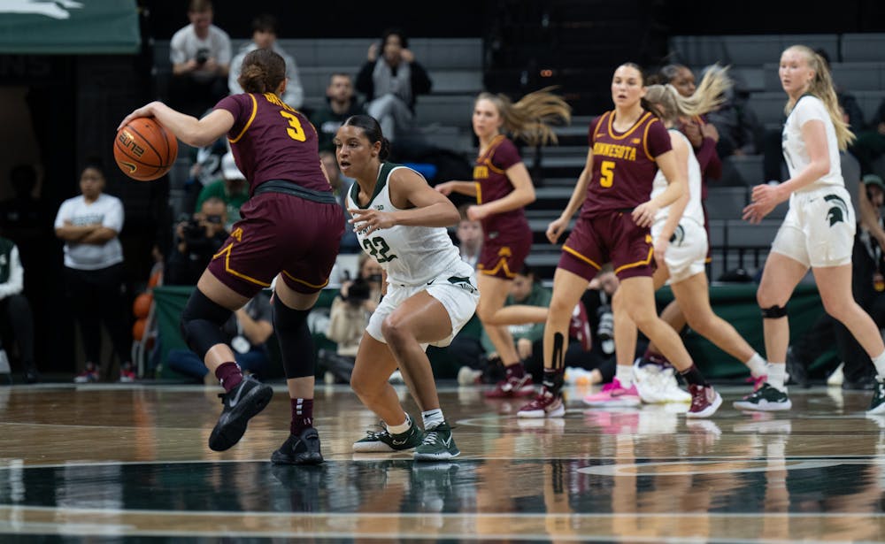 <p>Minnesota freshman guard Amaya Battle (left) drives in against senior MSU guard Moira Joiner during a senior night matchup at the Breslin Center on Wednesday, Feb. 22, 2023. MSU lead Minnesota 33-30 at half during the Wednesday evening home game.</p>