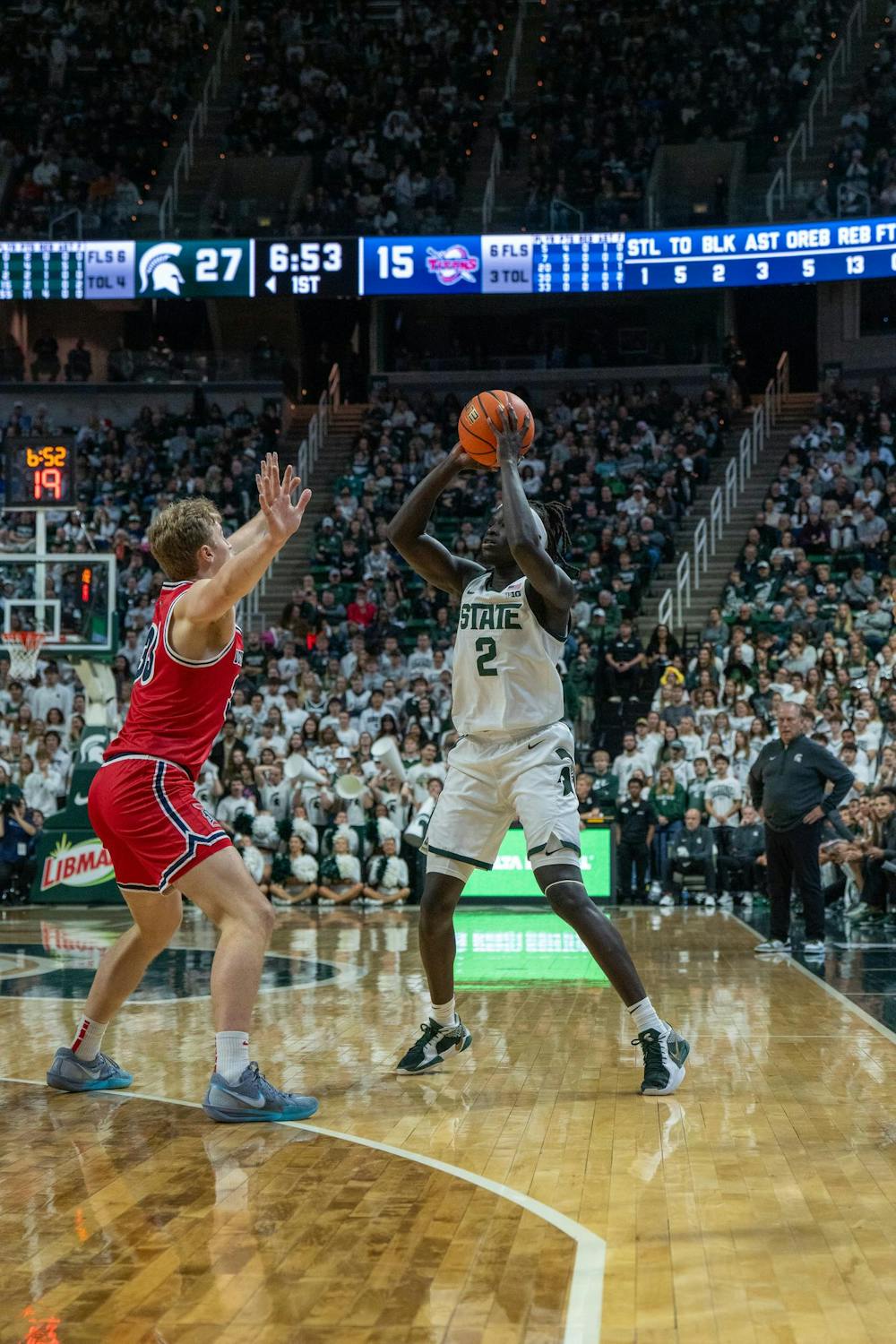 Michigan State guard Kur Teng (2) looks to make a shot during Michigan State’s game against Detroit Mercy at Breslin Center in East Lansing, Mich., on Friday, Nov. 21, 2025.