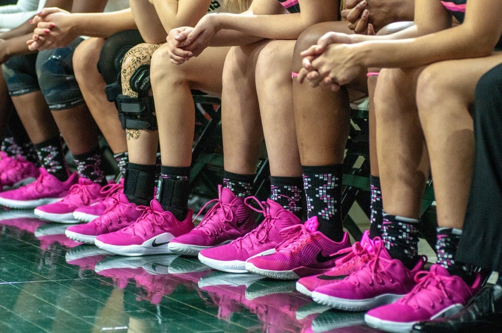 The Spartans sit on the bench during the women’s basketball game against Purdue at Breslin Center on Feb. 3, 2019. The Spartans defeated the Boilmakers 74-66.