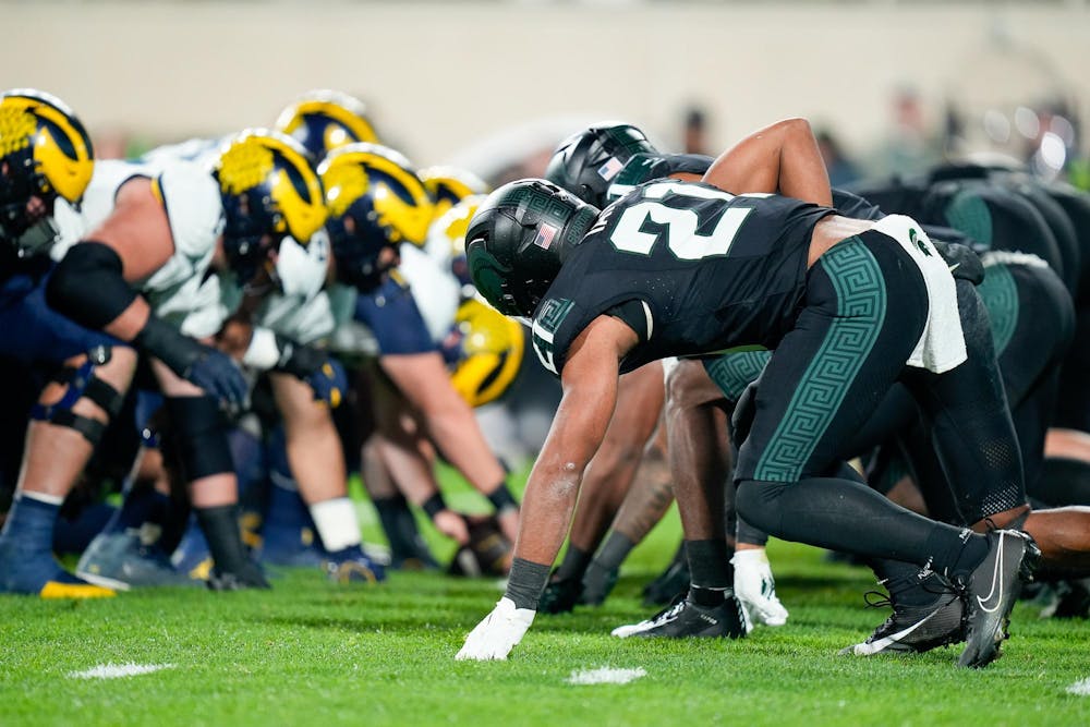 <p>Sophomore defensive back Dillon Tatum (21) lining up on defense during a game against University of Michigan at Spartan Stadium on Oct. 21, 2023. The Spartans would go on to lose the game 49-0.</p>
