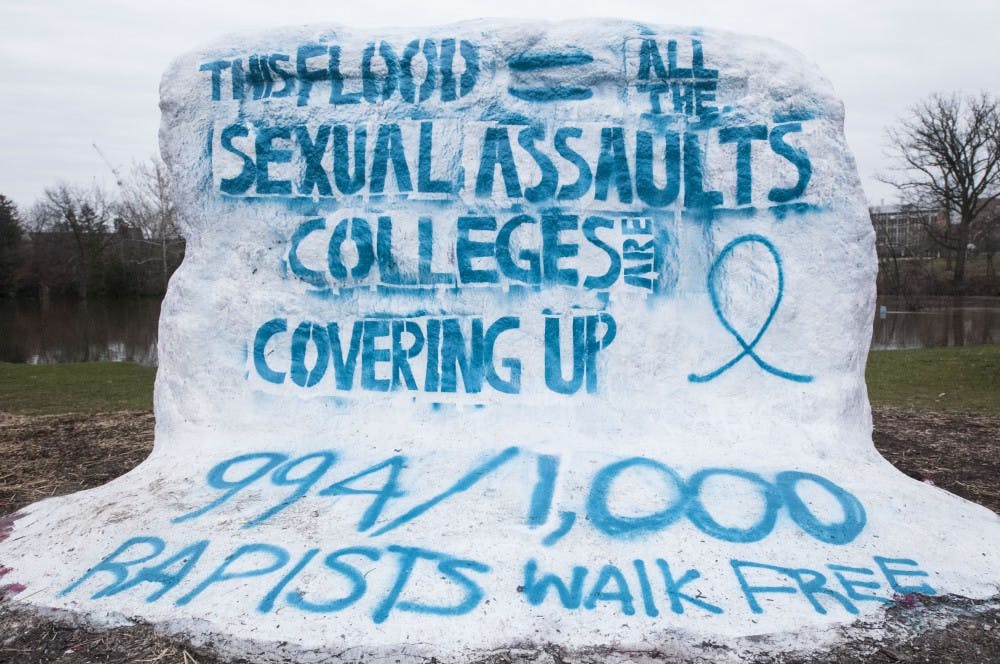 The Rock reads "This flood = all the sexual assaults colleges are covering up 994/1,000 rapists walk free." on Feb. 22, 2018 at The Rock. The color teal was used to represent sexual assault awareness. (C.J. Weiss | The State News)