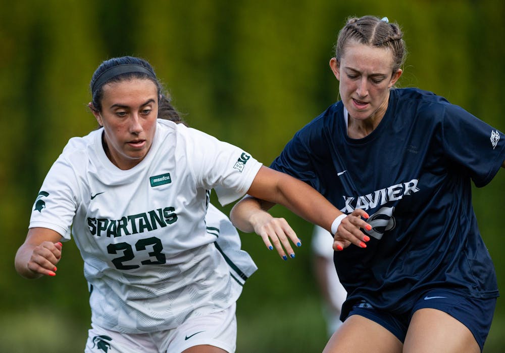 <p>Michigan State Sr. M, Bella Najera (23), goes shoulder to shoulder with an opposing player during a game DeMartin Stadium in East Lansing, Mich., on Aug. 12, 2026.</p>